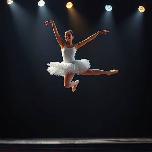 A student dancer performing a graceful ballet leap on stage during a recital.