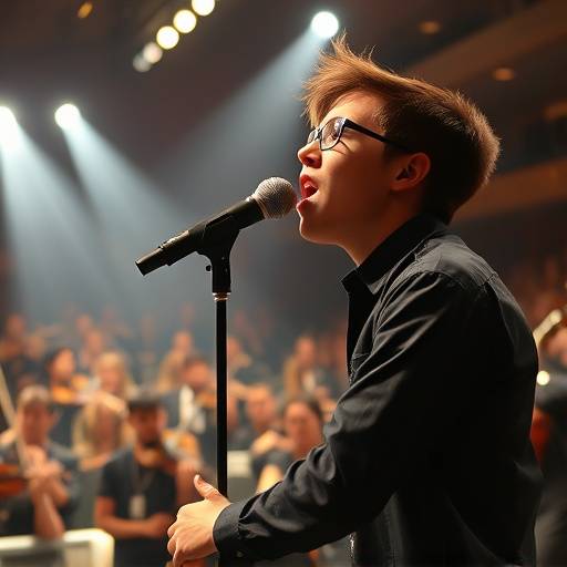 A student vocalist performing a powerful solo with a full orchestra backing them during a concert.