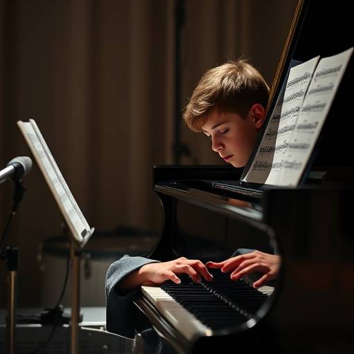 A young musician practicing his piece on a grand piano, with sheet music in front of him, focusing intently on the keys.