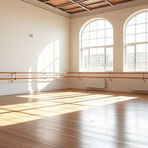 Interior of a dance studio with ballet barres and natural light at the Valencia Academy of Performing Arts.