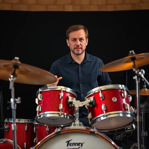 Javier Gomez, percussion instructor, pictured behind a drum set.