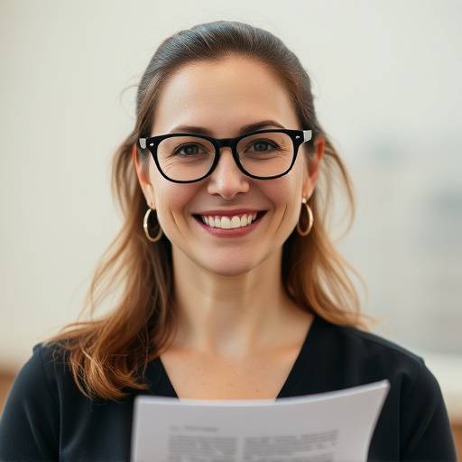 Portrait of Ana Ferrer, a smiling theatre professor, glasses perched on her nose, holding a script.