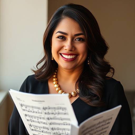 Portrait of Maria Gomez, Vocal Performance Instructor, holding a sheet music and wearing elegant attire.